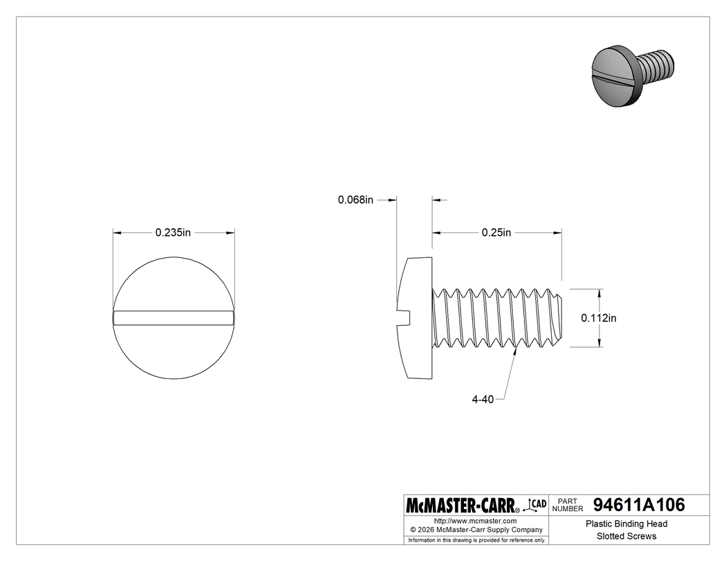 Technical Drawing of Plastic Binding Head Slotted Screws, 4-40 Thread, 1/4" Long.